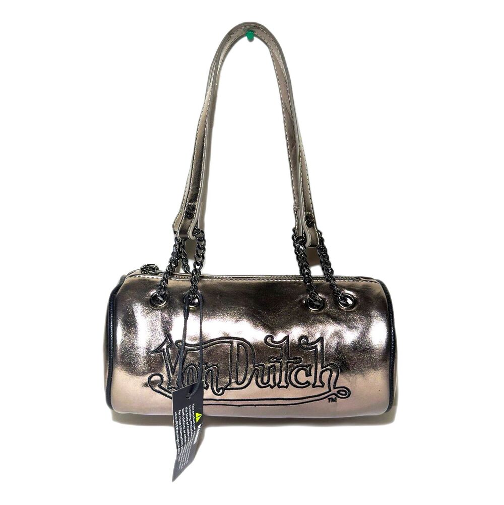 Von Dutch Brown Metallic Barrel Shoulder Bag Purse Chain Strap Y2K NWOT